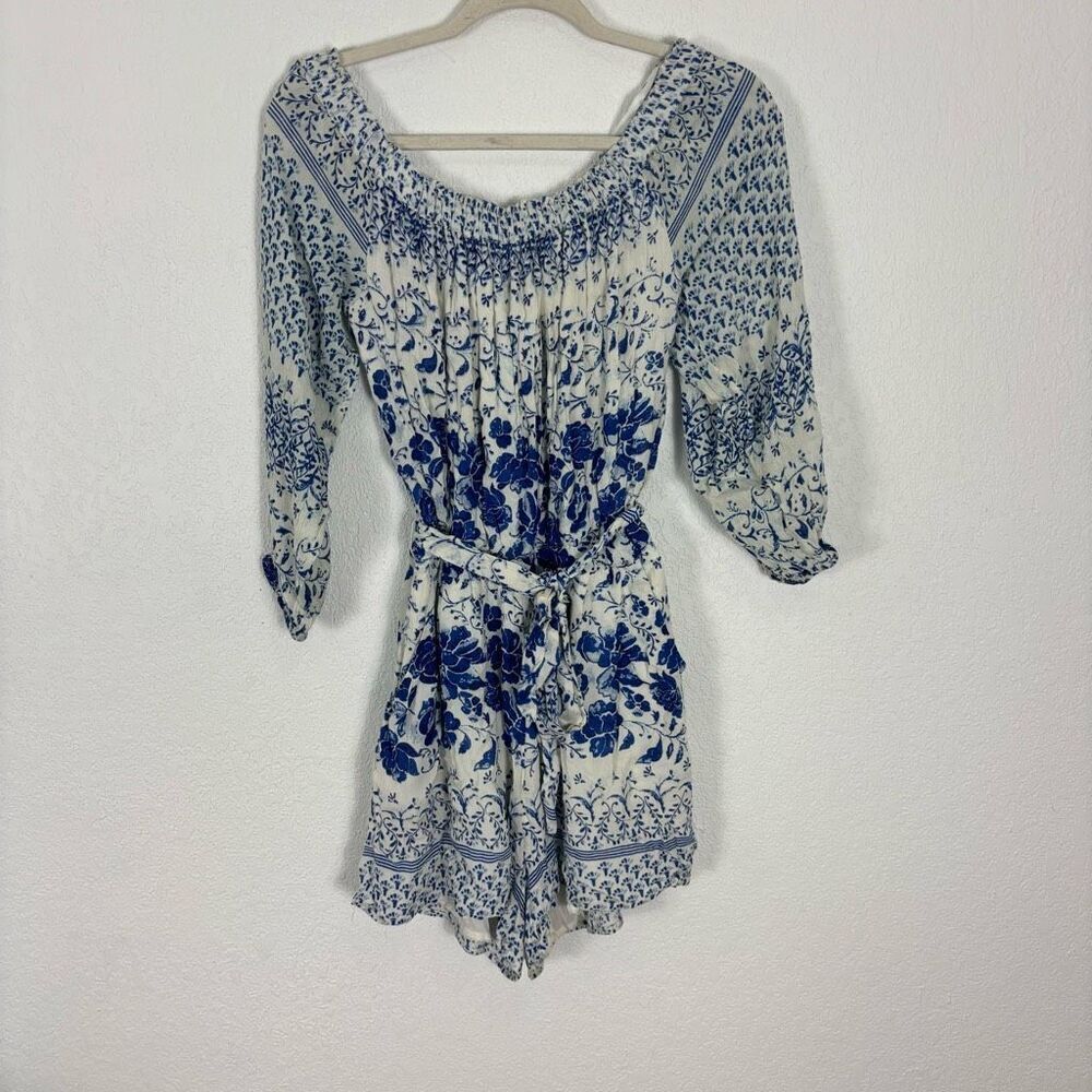 Anthropologie White with Blue Floral Off‎ The Shoulder Long Sleeve Shorts Romper